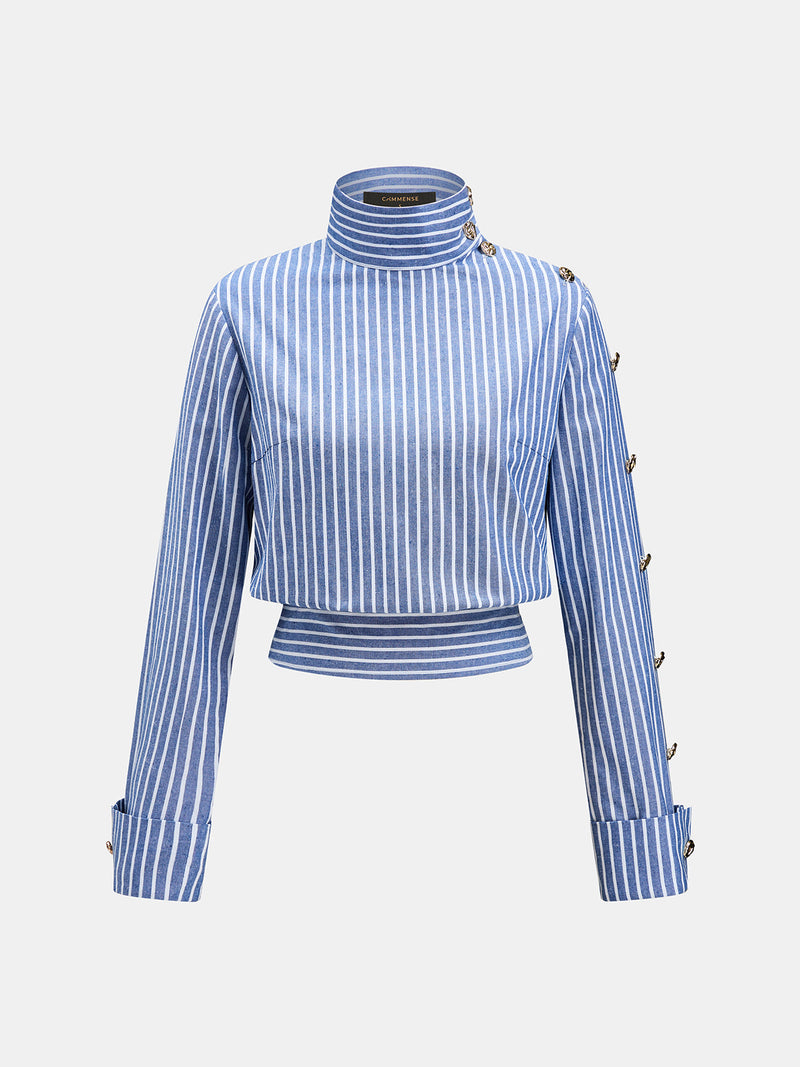ATISSE – Women's Striped Cotton Linen Cropped Blouse – High Neck Long Sleeve Shirt
