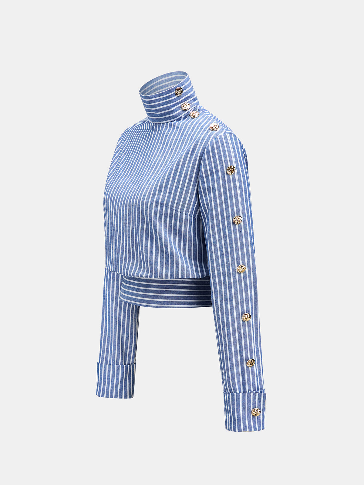 ATISSE – Women's Striped Cotton Linen Cropped Blouse – High Neck Long Sleeve Shirt