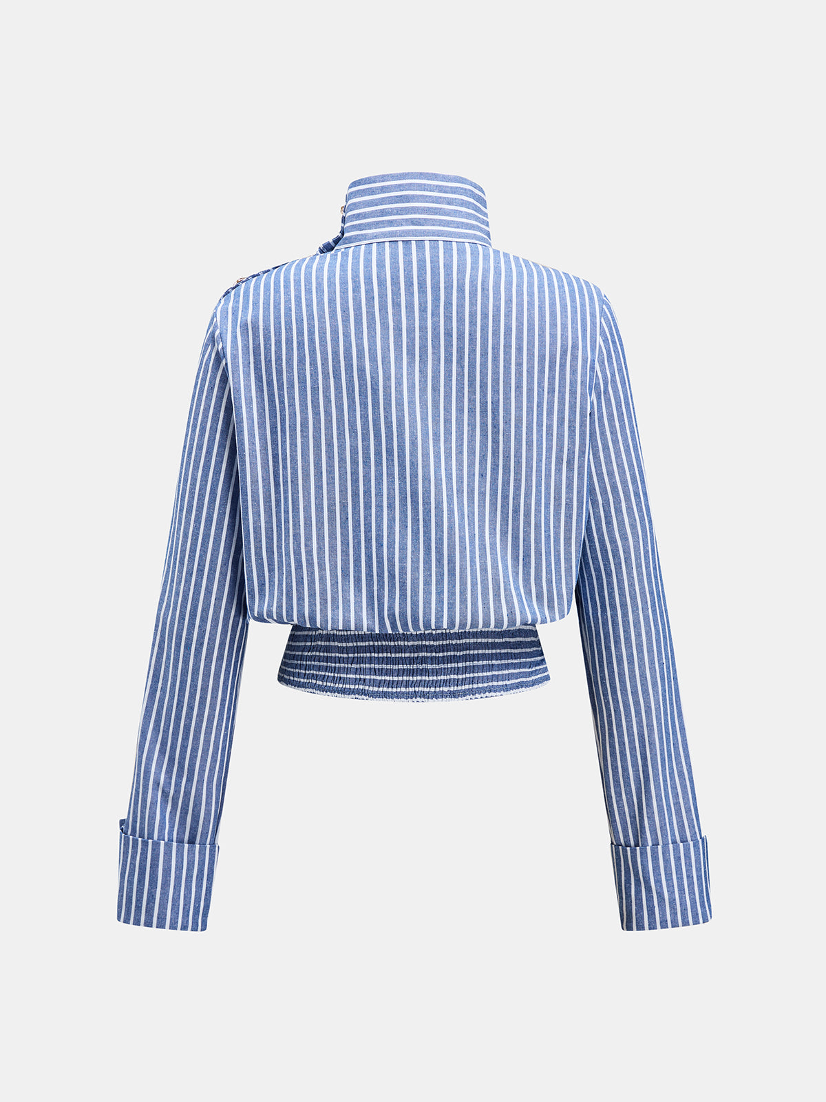 ATISSE – Women's Striped Cotton Linen Cropped Blouse – High Neck Long Sleeve Shirt