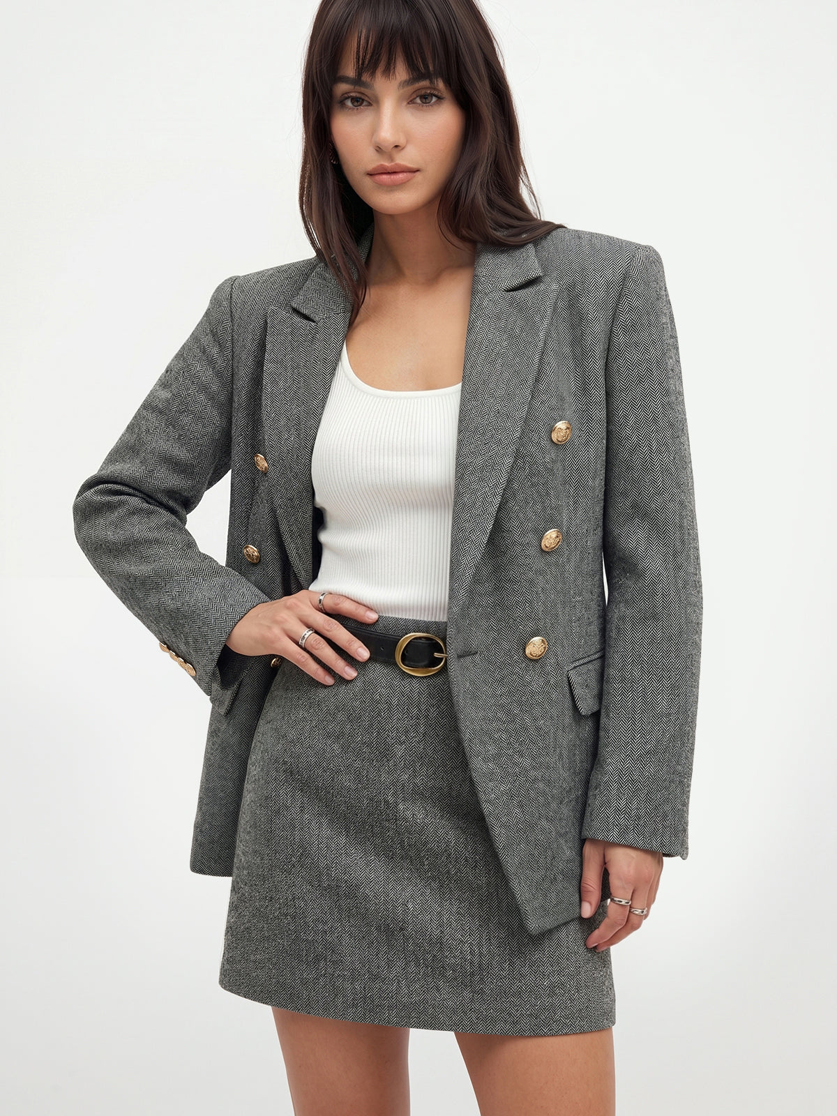 ATISSE – Women's Herringbone Double-Breasted Wool Blend Blazer – Tailored Grey Jacket