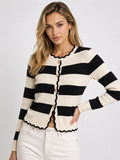 ATISSE – Women's Striped Knit Cardigan – Scallop Trim Button-Up Sweater – Contrast Knitwear