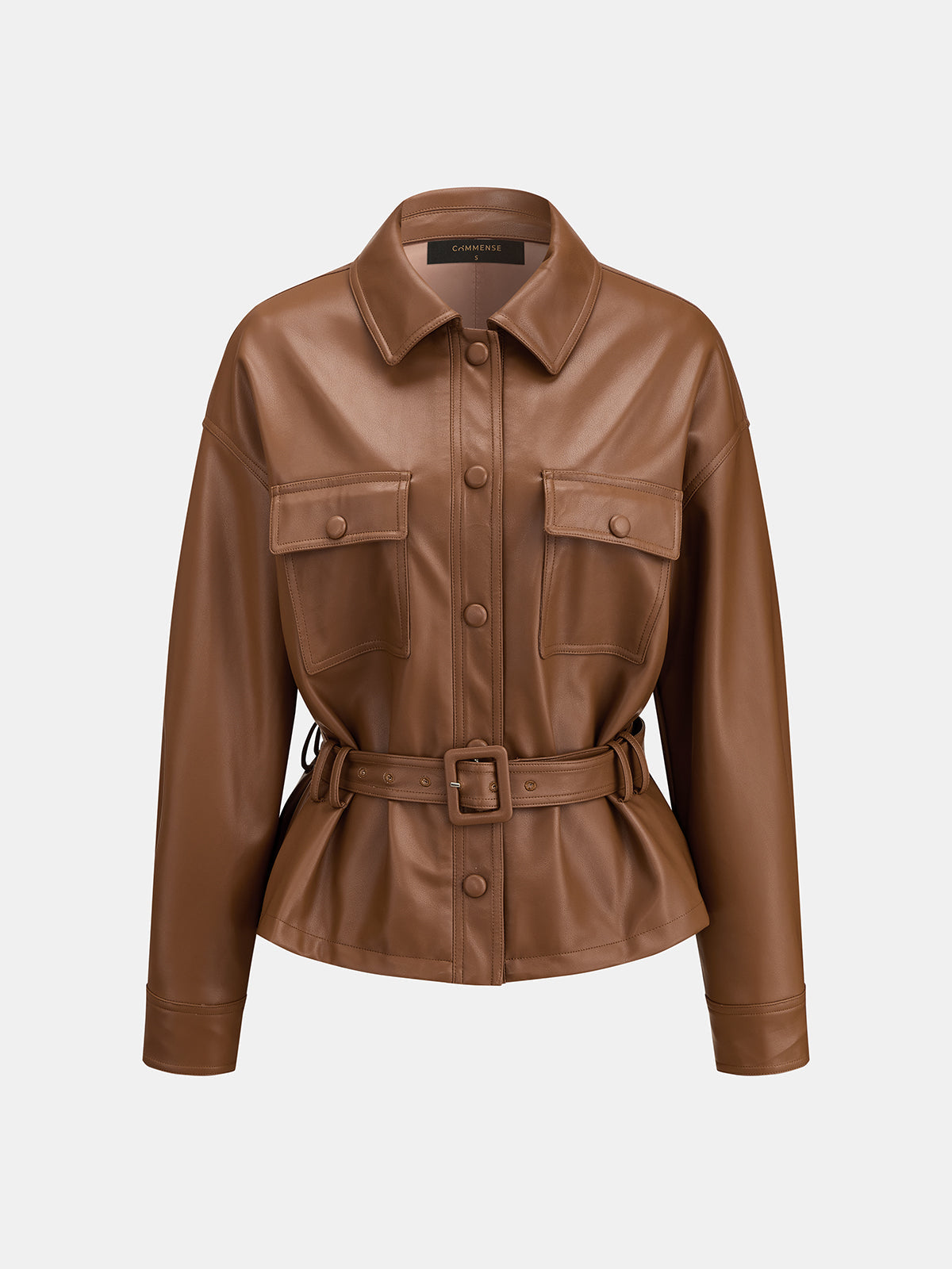 ATISSE – Women’s Faux Leather Jacket – Belted Brown Collared Jacket – Tailored Autumn Outerwear