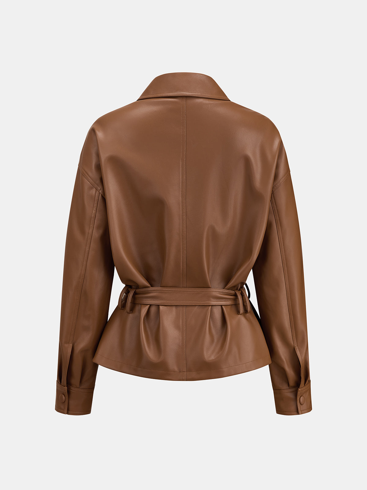 ATISSE – Women’s Faux Leather Jacket – Belted Brown Collared Jacket – Tailored Autumn Outerwear