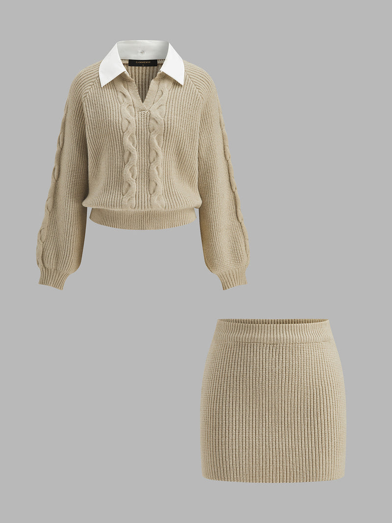 ATISSE – Women's Cable Knit Sweater & Mini Skirt Set – Collared Two-Piece Knit Co-Ord – Winter Outfit  Descripción SEO