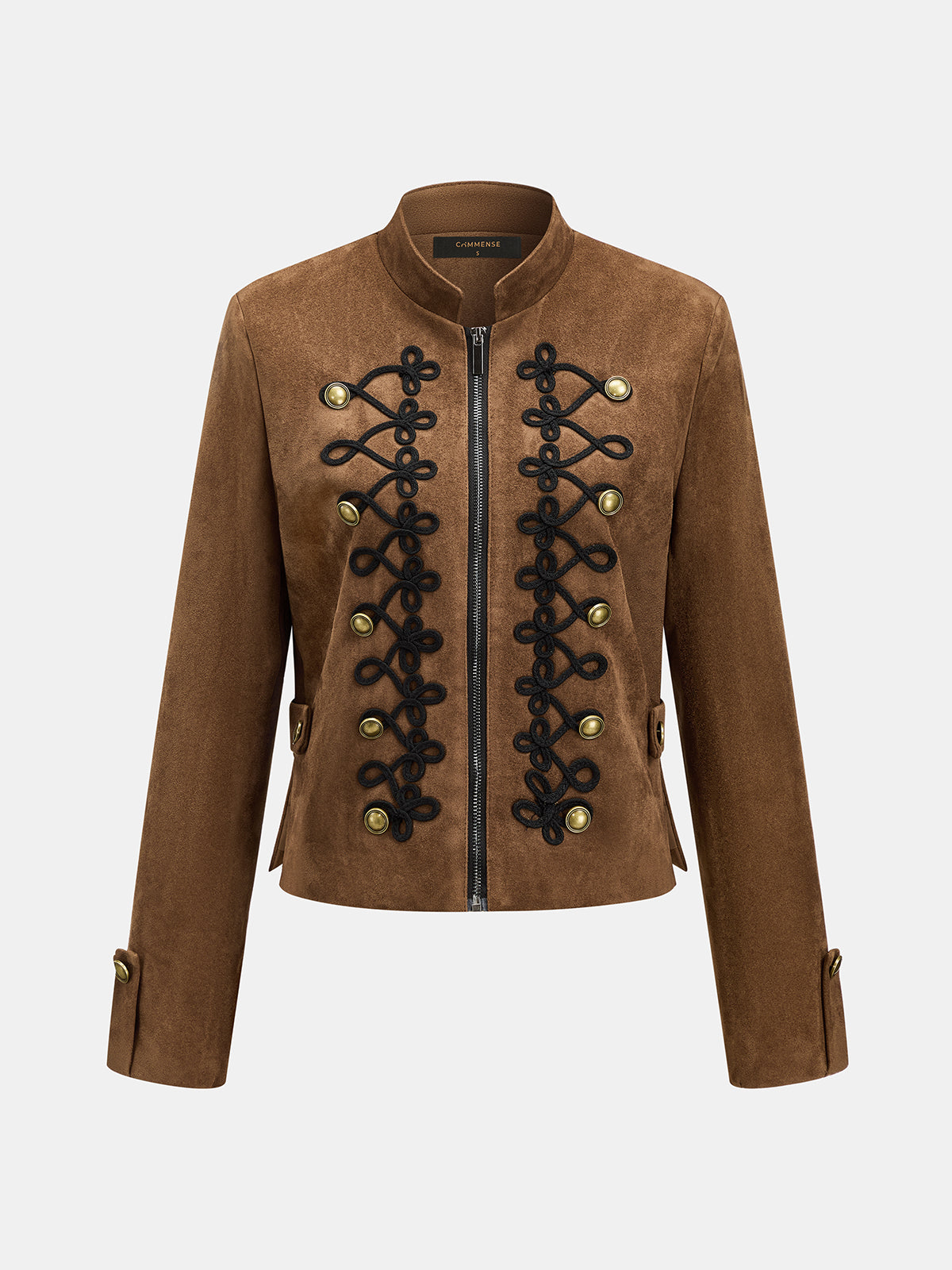 ATISSE – Women's Faux Suede Jacket – Embroidered Braided Trim – Brown Tailored Winter Jacket
