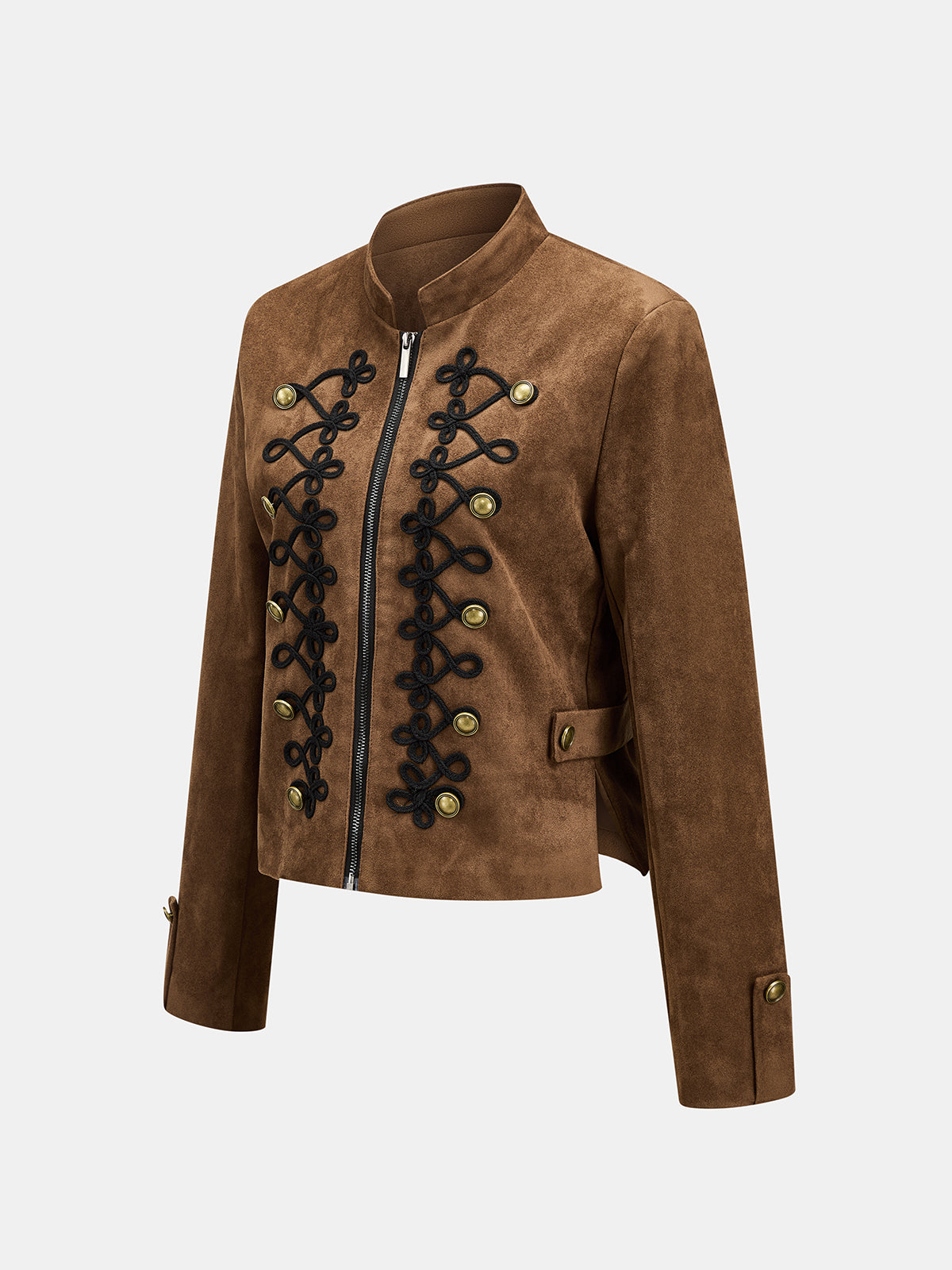 ATISSE – Women's Faux Suede Jacket – Embroidered Braided Trim – Brown Tailored Winter Jacket