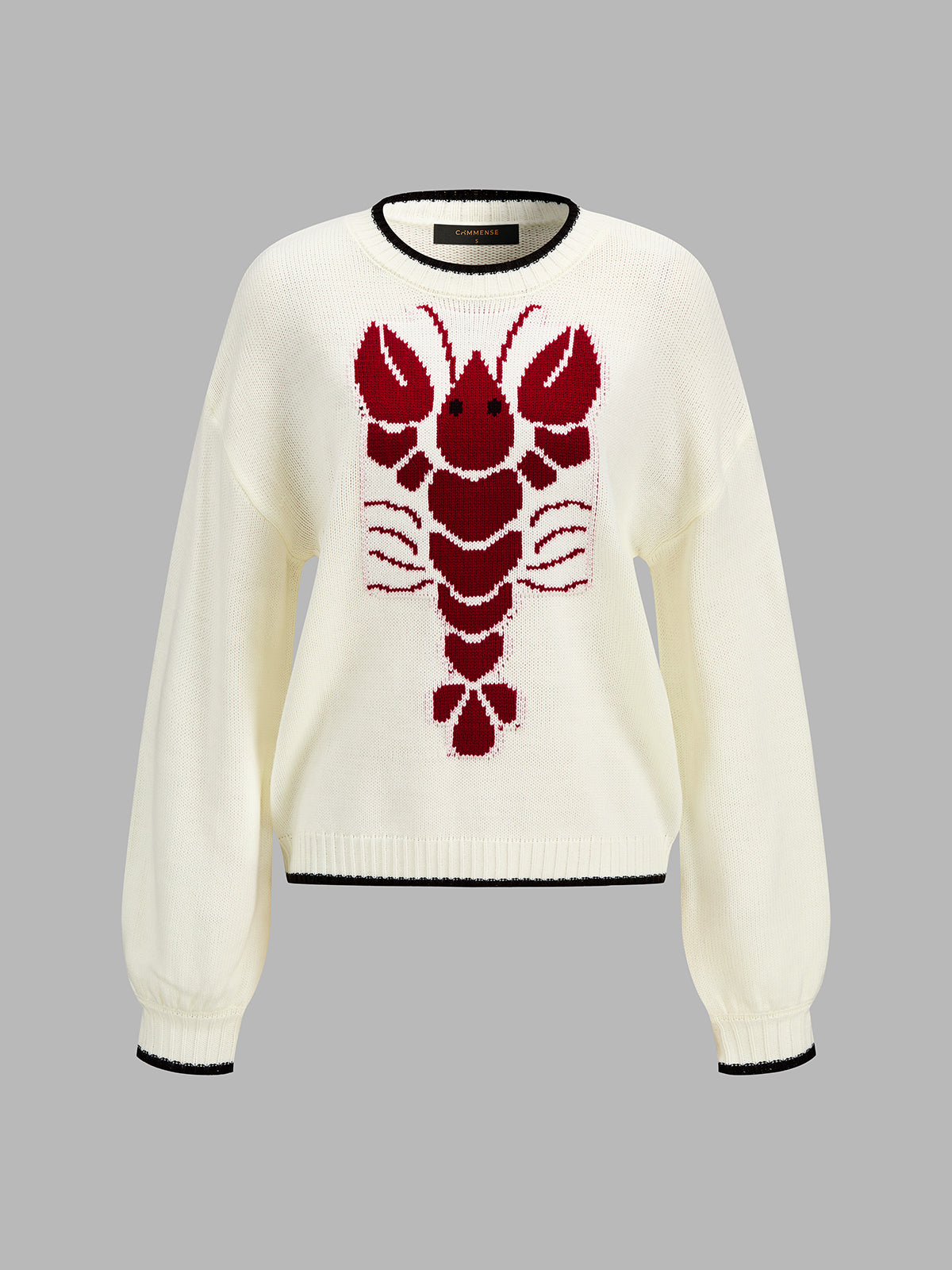 ATISSE – Women's Lobster Jacquard Knit Sweater – Contrast Trim Crew Neck Pullover – Statement Winter Knitwear
