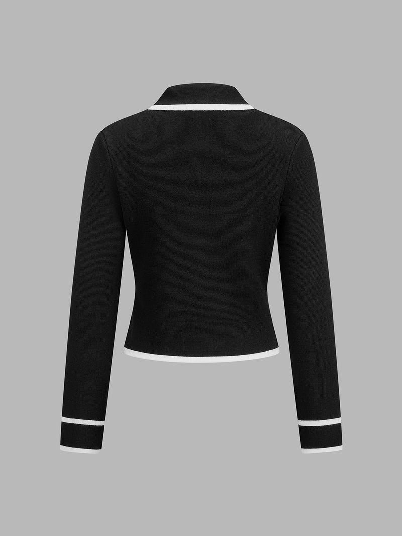 ATISSE – Women's Black Knit Two-Piece Set – Contrast Trim Cardigan & Wide Leg Pants