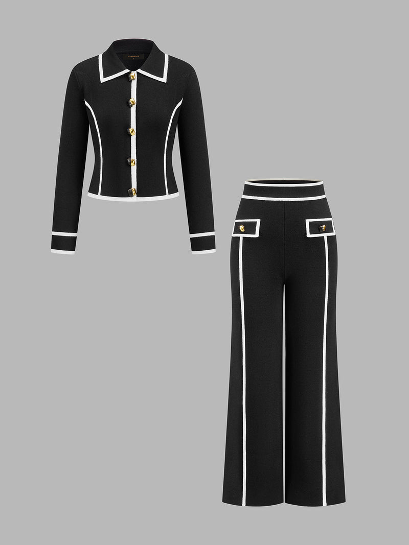 ATISSE – Women's Black Knit Two-Piece Set – Contrast Trim Cardigan & Wide Leg Pants