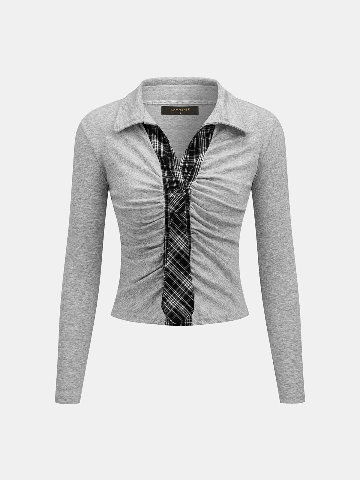 ATISSE – Women's Plaid Ruched Collared Top – Tie Detail Long Sleeve Slim Fit Blouse – Stretch Jersey