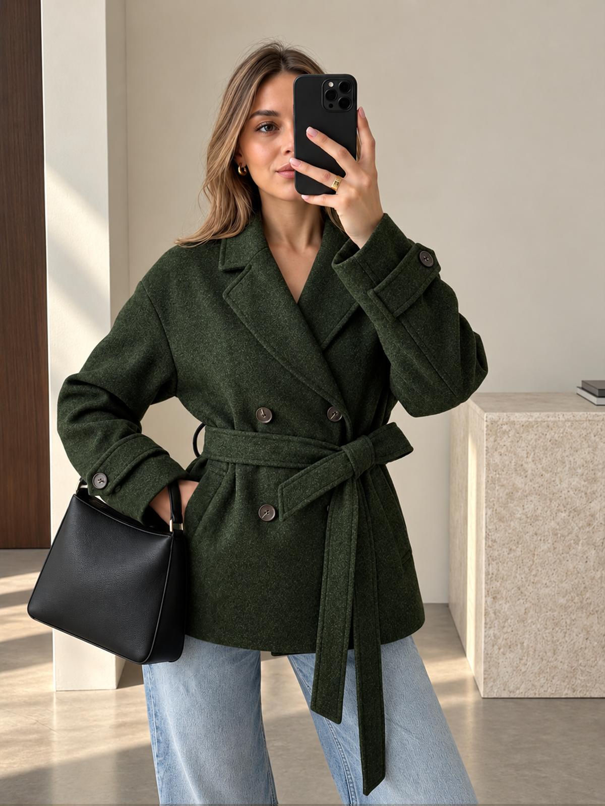 ATISSE – Women’s Belted Double-Breasted Coat – Tailored Winter Coat – Elegant Warm Outerwear