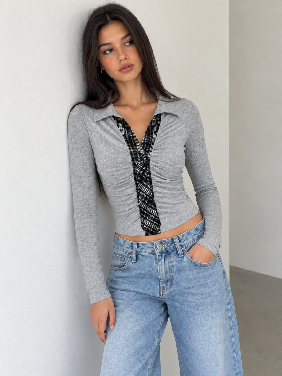 ATISSE – Women's Plaid Ruched Collared Top – Tie Detail Long Sleeve Slim Fit Blouse – Stretch Jersey