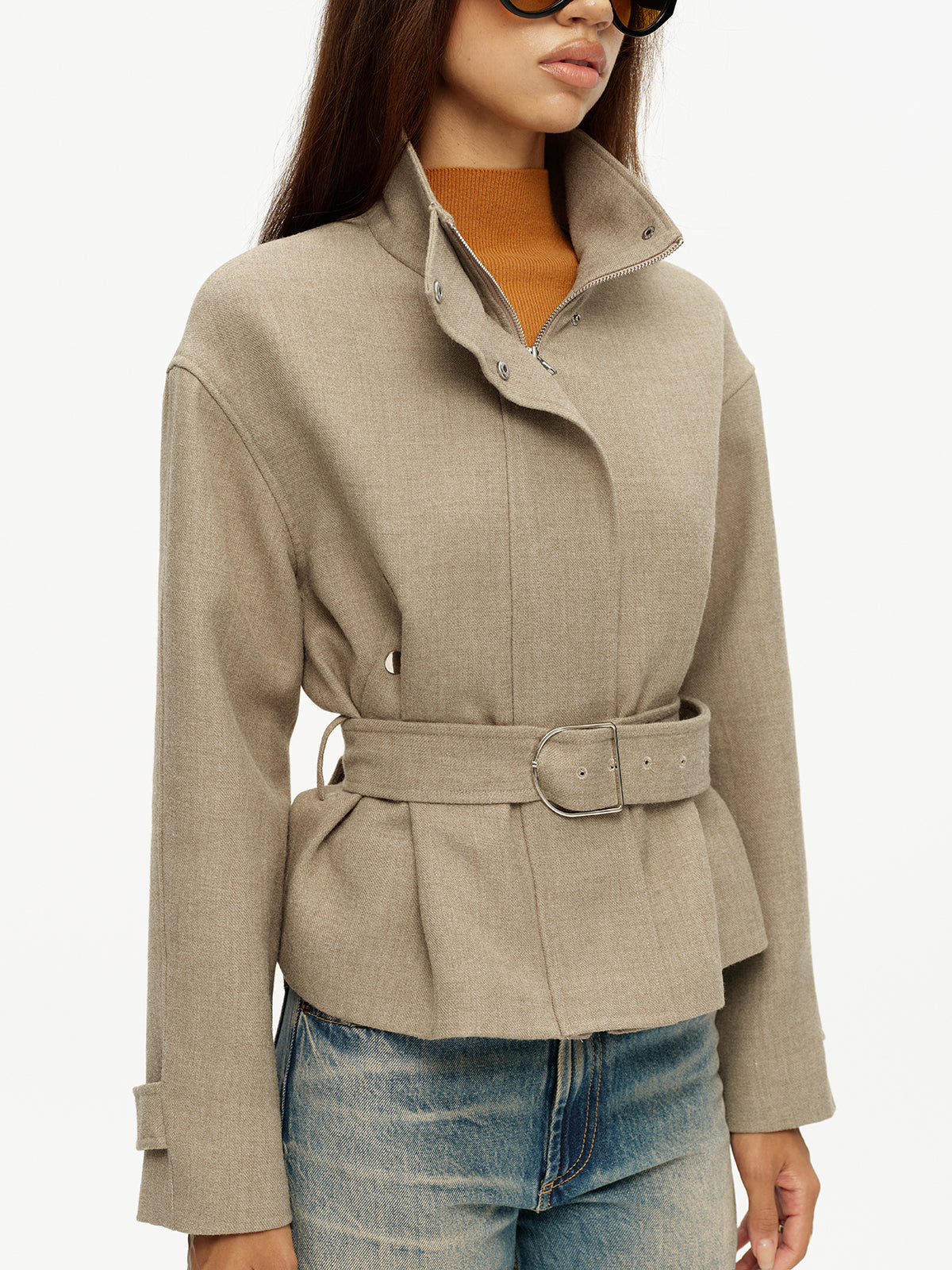 ATISSE – Women’s Textured Tweed Jacket – Belted Stand Collar Cropped Jacket – Tailored Autumn Outerwear