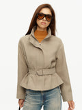 ATISSE – Women’s Textured Tweed Jacket – Belted Stand Collar Cropped Jacket – Tailored Autumn Outerwear