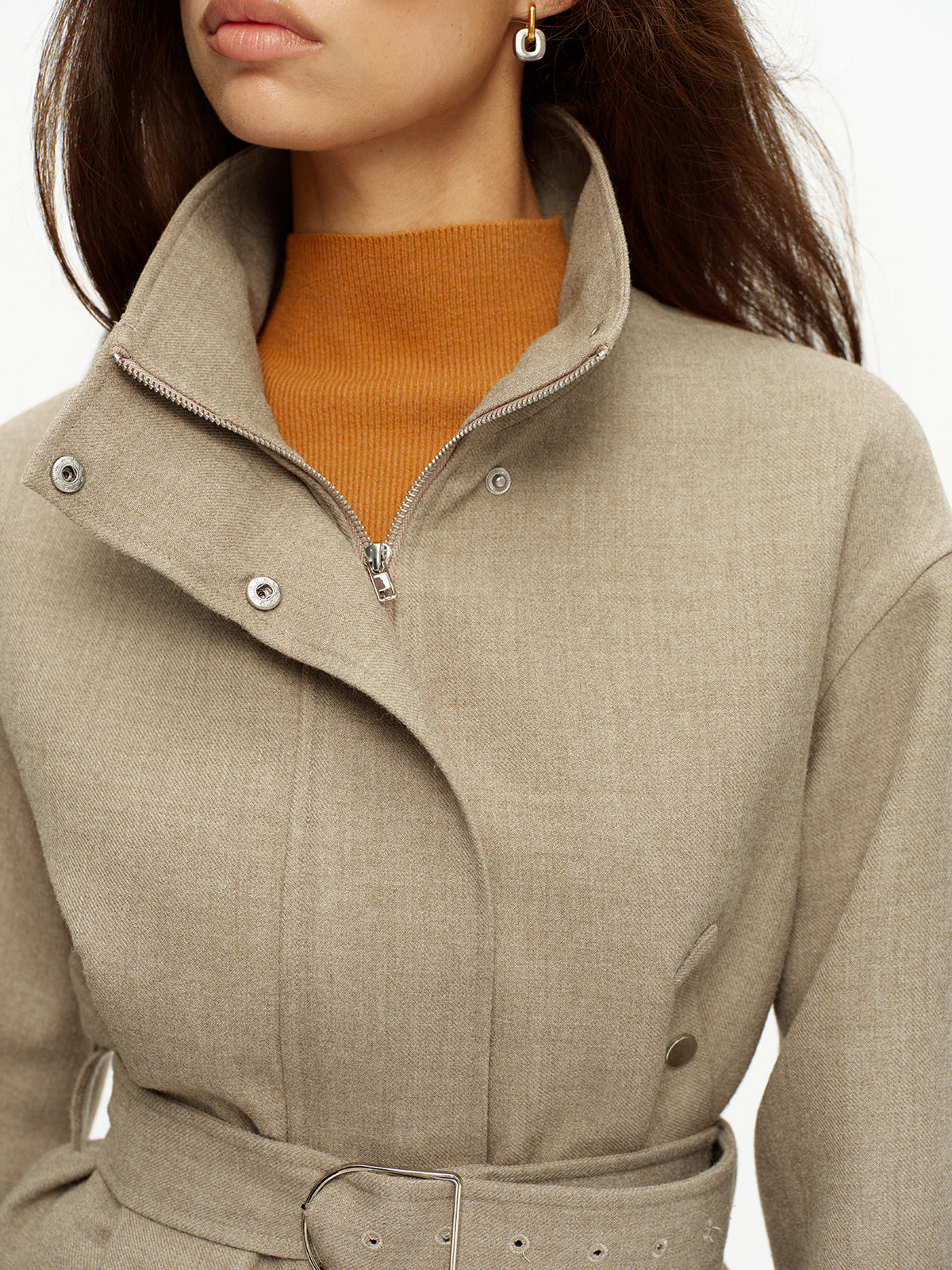 ATISSE – Women’s Textured Tweed Jacket – Belted Stand Collar Cropped Jacket – Tailored Autumn Outerwear