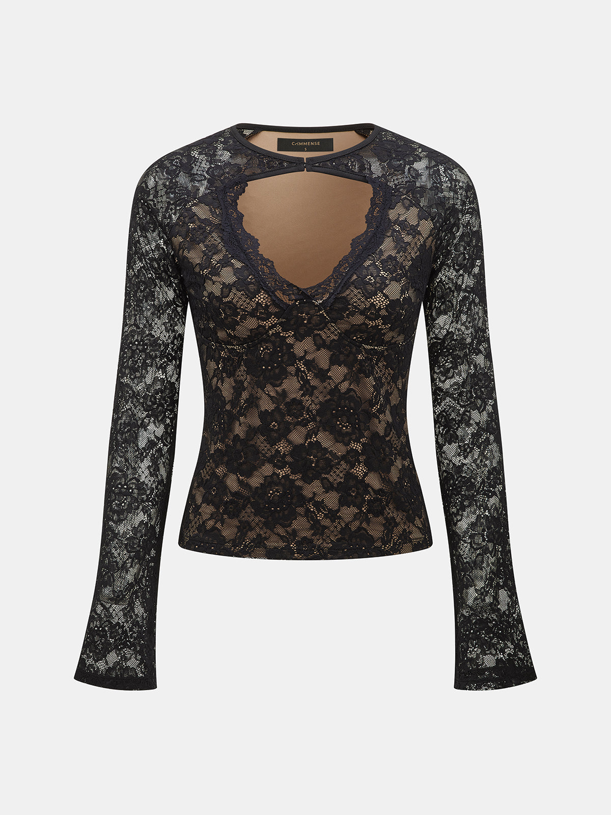 ATISSE – Women's Black Lace Top – Long Sleeve Sheer Blouse – V-Neck Cutout Slim Fit