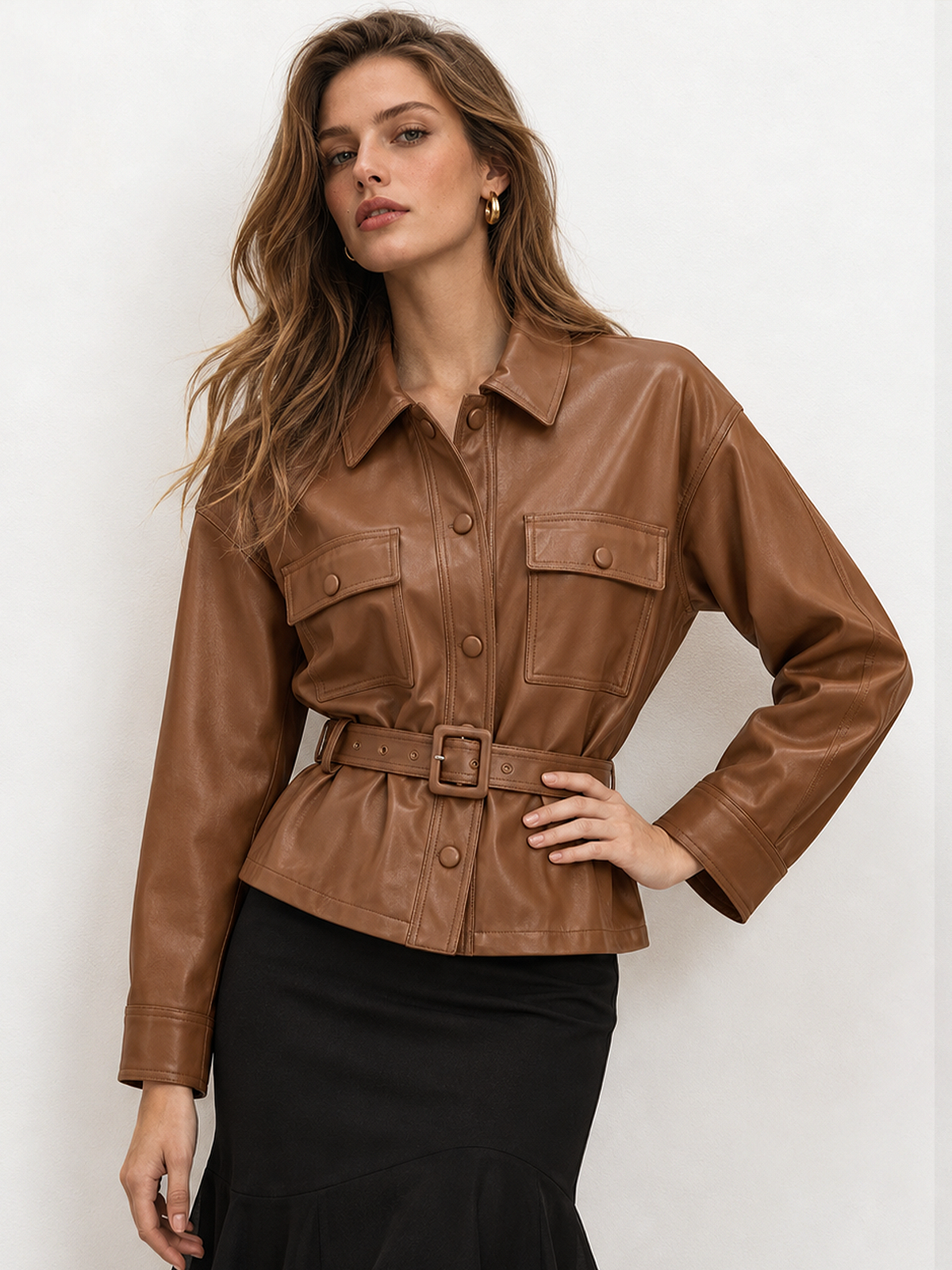 ATISSE – Women’s Faux Leather Jacket – Belted Brown Collared Jacket – Tailored Autumn Outerwear