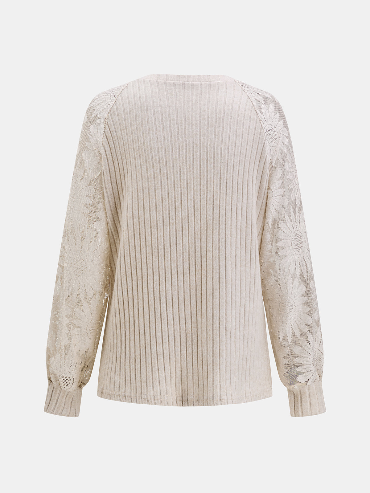 ATISSE – Women's Beige Ribbed Knit Blouse – Floral Lace Long Sleeves – Crew Neck Top