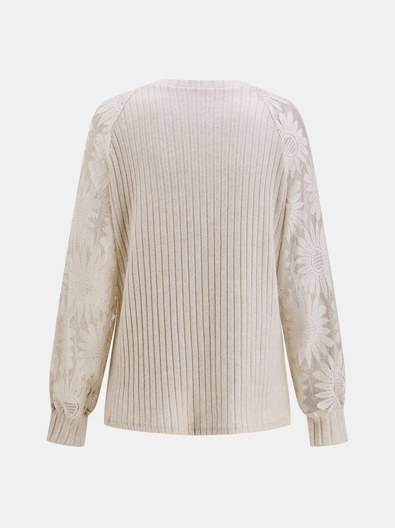ATISSE – Women's Beige Ribbed Knit Blouse – Floral Lace Long Sleeves – Crew Neck Top
