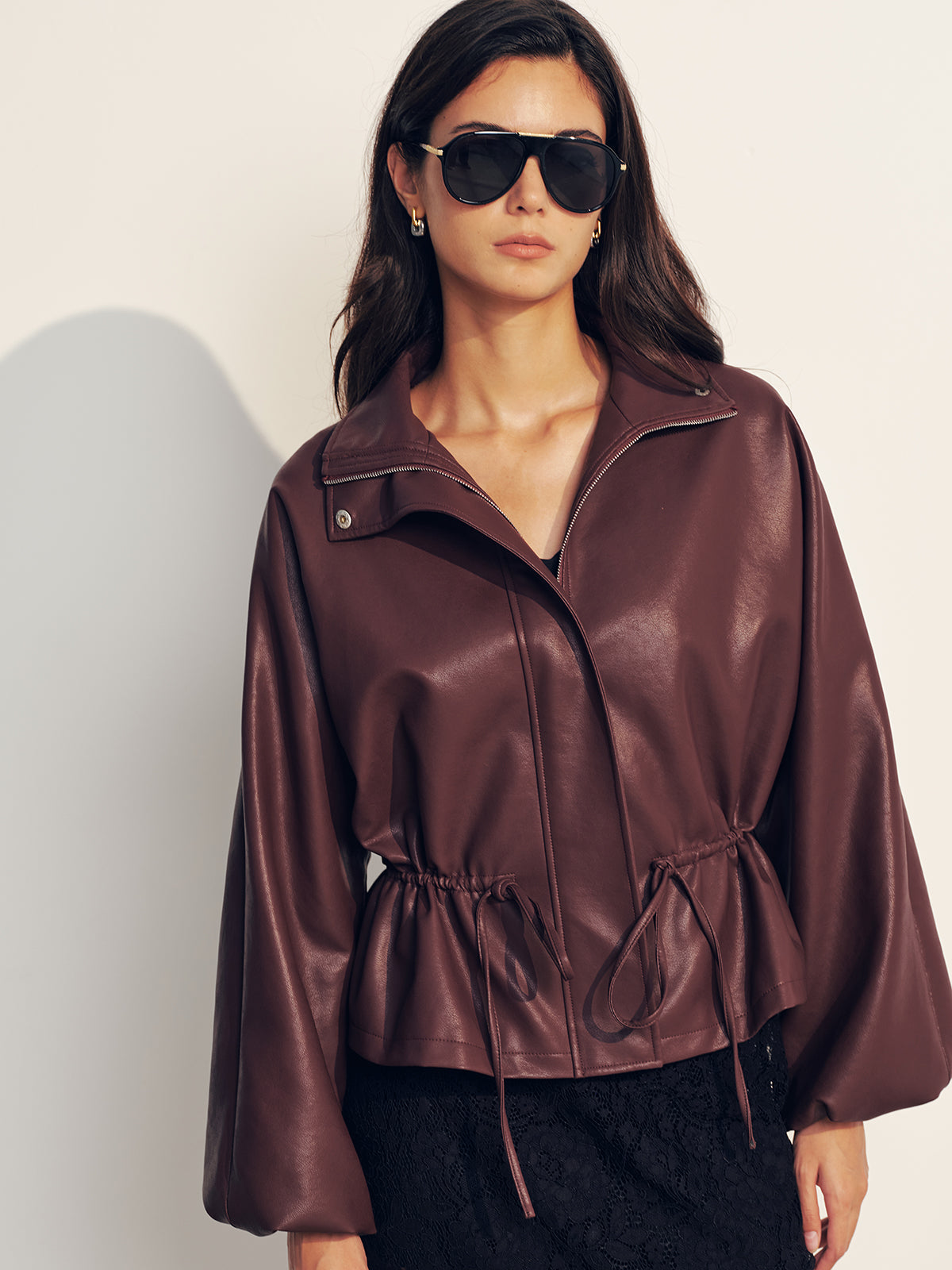 ATISSE – Women’s Burgundy Faux Leather Jacket – Drawstring Waist Relaxed Fit