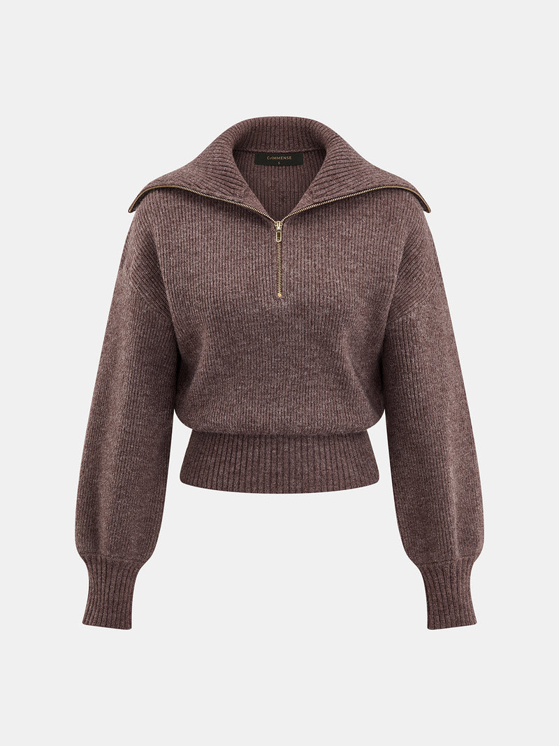 ATISSE – Women's Brown Knit Two Piece Set – Half-Zip Sweater & Mini Skirt – Slim Fit Co-Ord