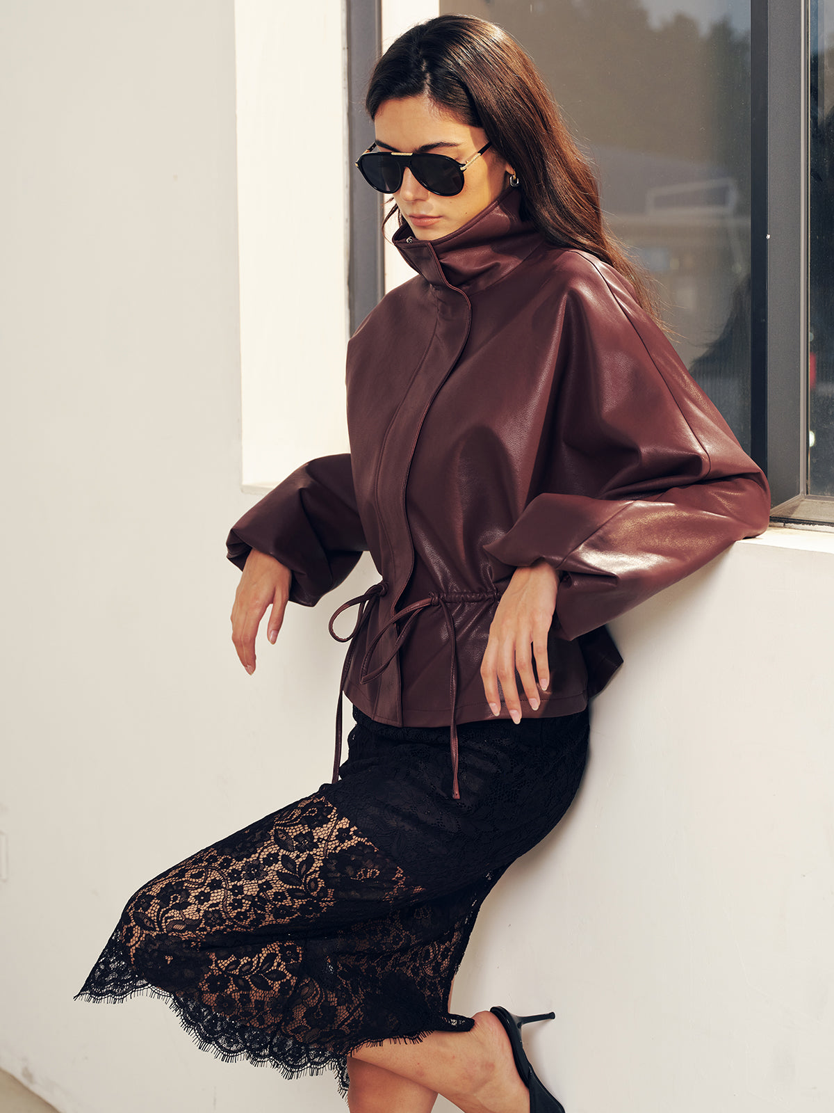 ATISSE – Women’s Burgundy Faux Leather Jacket – Drawstring Waist Relaxed Fit