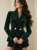ATISSE – Women's Emerald Green Velvet Blazer & Shorts Set – Double-Breasted Tailored Two-Piece Outfit