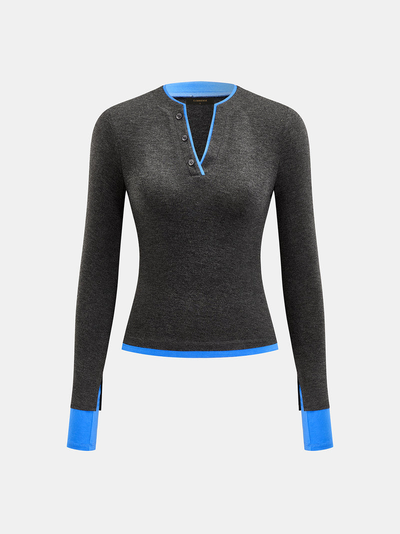 ATISSE – Women's Color Block Henley Top – Charcoal Grey Long Sleeve V-Neck Jersey Shirt