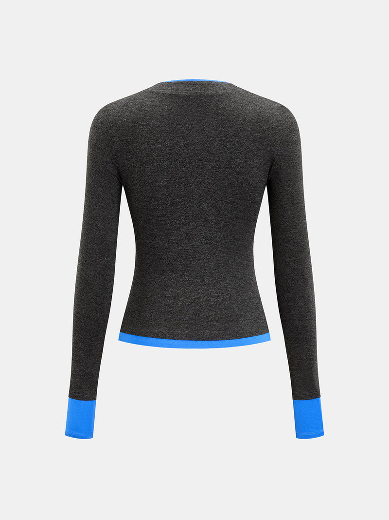 ATISSE – Women's Color Block Henley Top – Charcoal Grey Long Sleeve V-Neck Jersey Shirt
