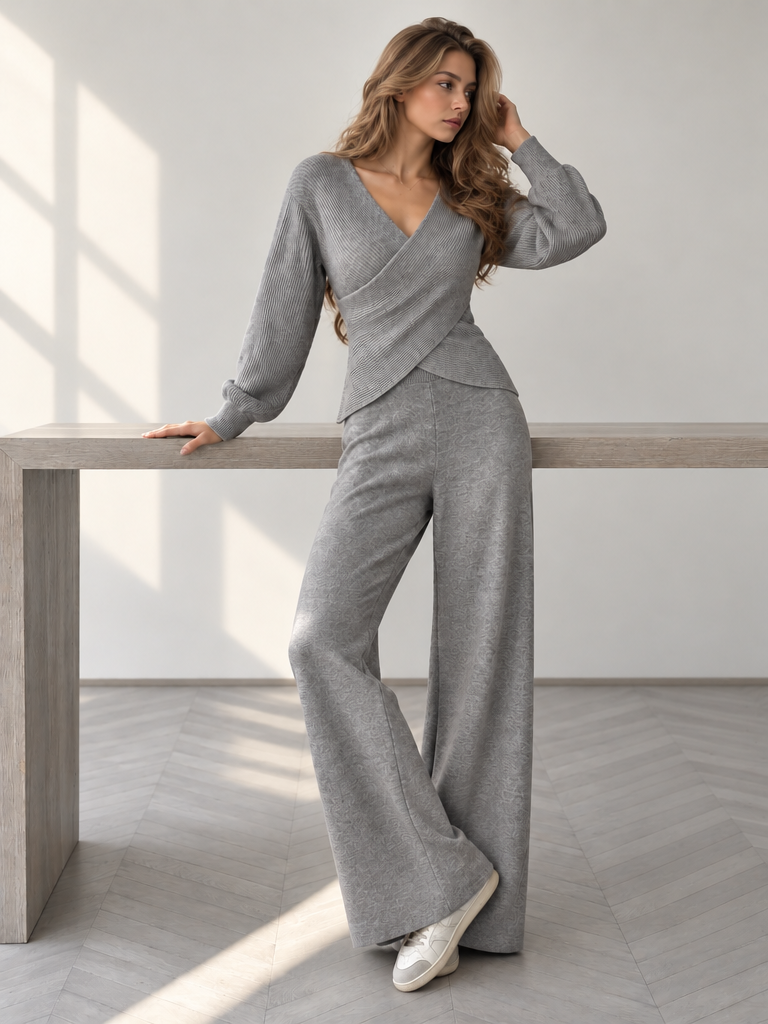 ATISSE – Women's Grey Knit Two-Piece Set – Wrap V-Neck Sweater & Wide Leg Pants