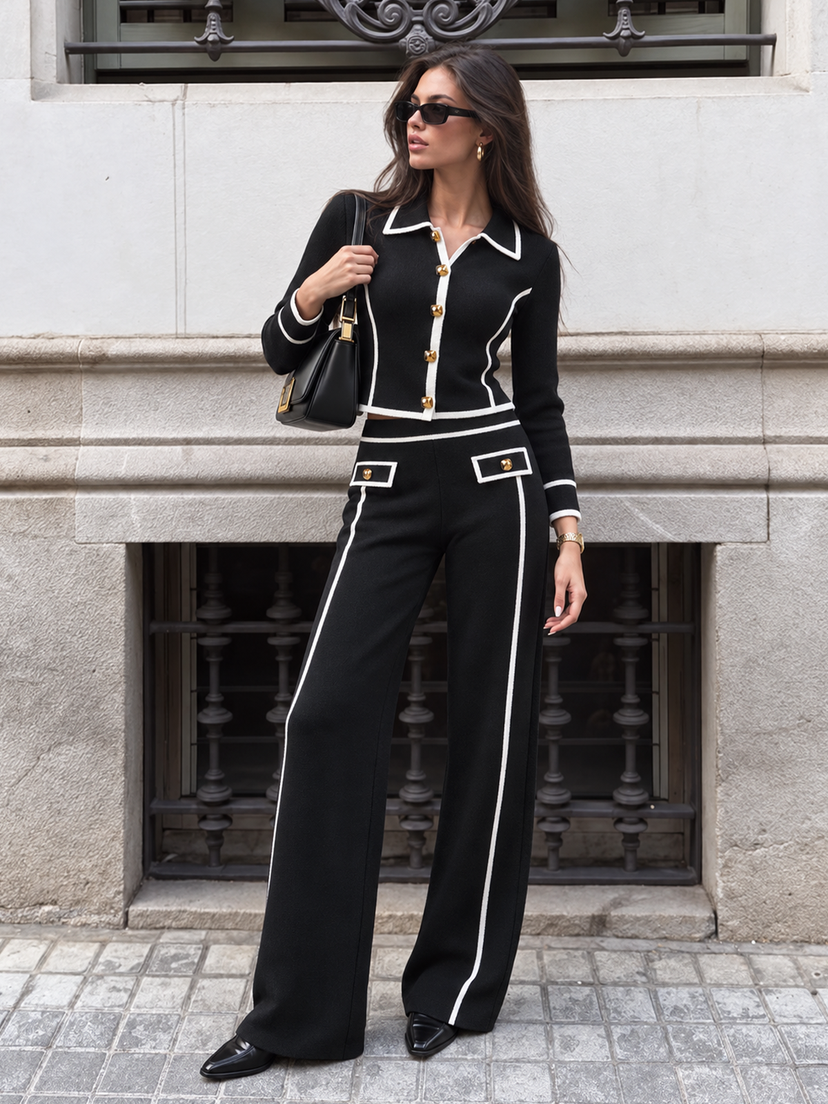 ATISSE – Women's Black Knit Two-Piece Set – Contrast Trim Cardigan & Wide Leg Pants