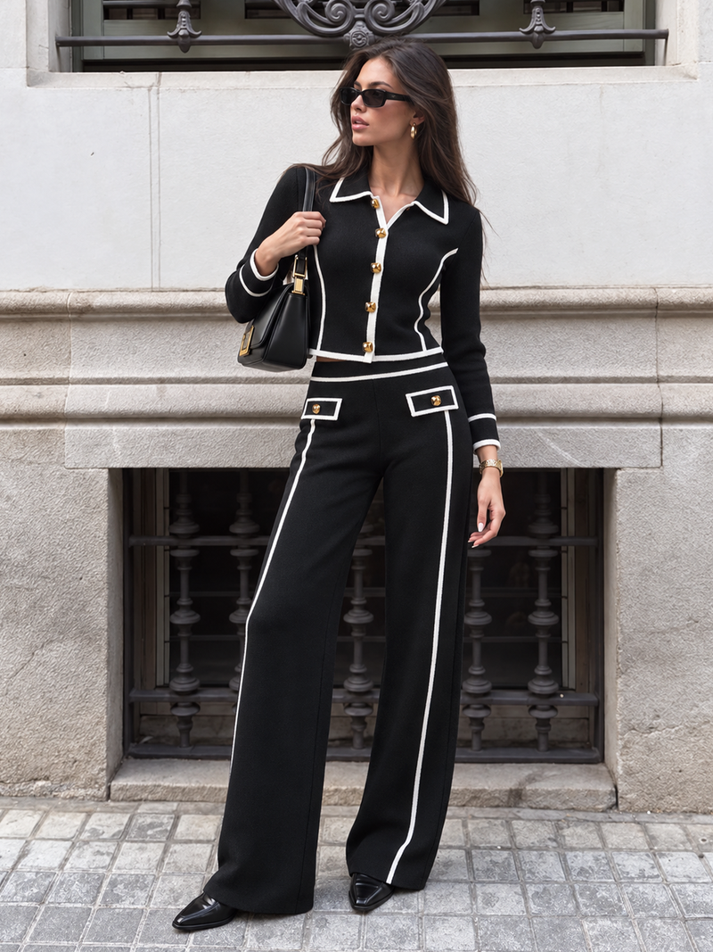 ATISSE – Women's Black Knit Two-Piece Set – Contrast Trim Cardigan & Wide Leg Pants