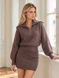 ATISSE – Women's Brown Knit Two Piece Set – Half-Zip Sweater & Mini Skirt – Slim Fit Co-Ord