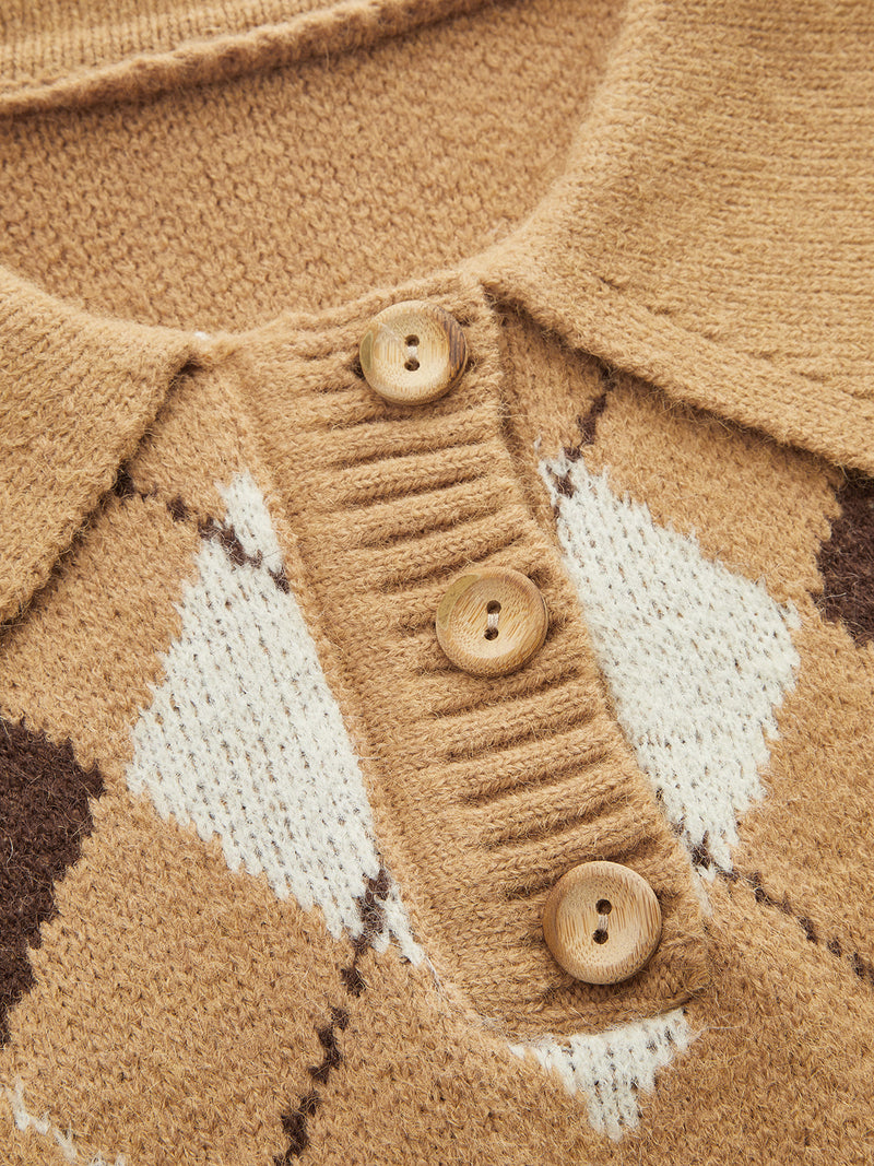 ATISSE – Women's Khaki Argyle Knit Sweater – Long Sleeve Polo Collar Jumper – Diamond Pattern