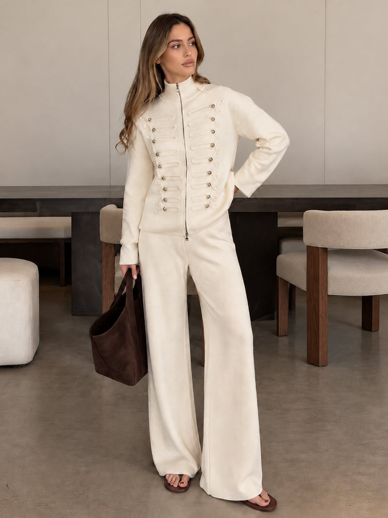 ATISSE – Women's Cream Knit Two Piece Set – Button-Up Cardigan & Wide Leg Pants – Elegant Co-Ord