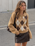 ATISSE – Women's Khaki Argyle Knit Sweater – Long Sleeve Polo Collar Jumper – Diamond Pattern