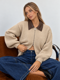 ATISSE – Women's Beige Knit Jacket – Faux Leather Collar – Zip-Up Relaxed Fit Cardigan