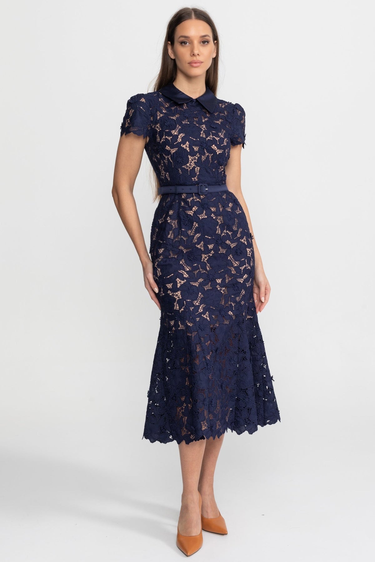 ATISSE – Women’s Navy Lace Midi Dress – Floral Lace Belted Dress – Elegant Evening & Occasion Dress