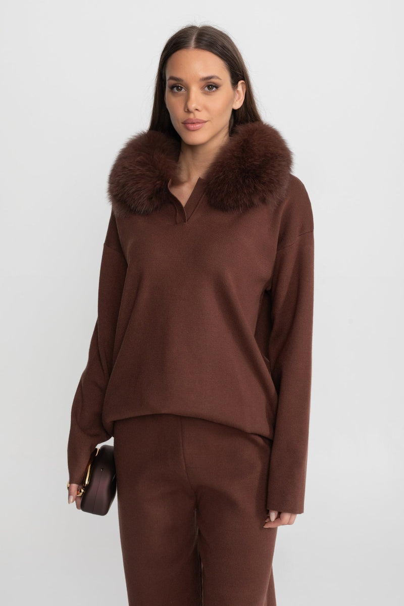 ATISSE – Women's Brown Knit Two-Piece Lounge Set – Fur Collar Sweater & Wide Leg Pants