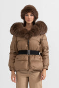 ATISSE – Women’s Brown Puffer Jacket – Brown Fox Fur Hood – Luxury Down Winter Coat