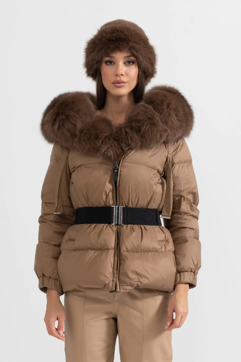 ATISSE – Women’s Brown Puffer Jacket – Brown Fox Fur Hood – Luxury Down Winter Coat