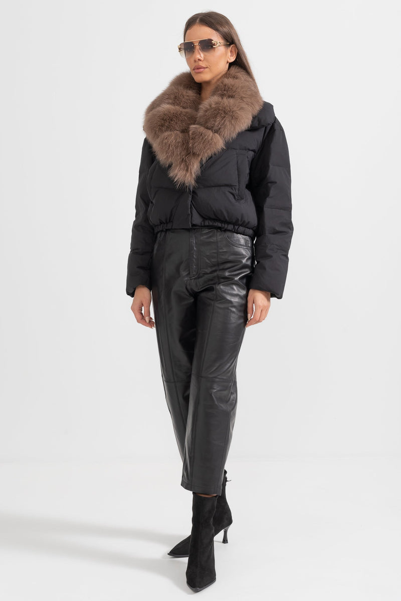 ATISSE – Women’s Black Puffer Jacket – Brown Fox Fur Hood – Luxury Down Winter Coat