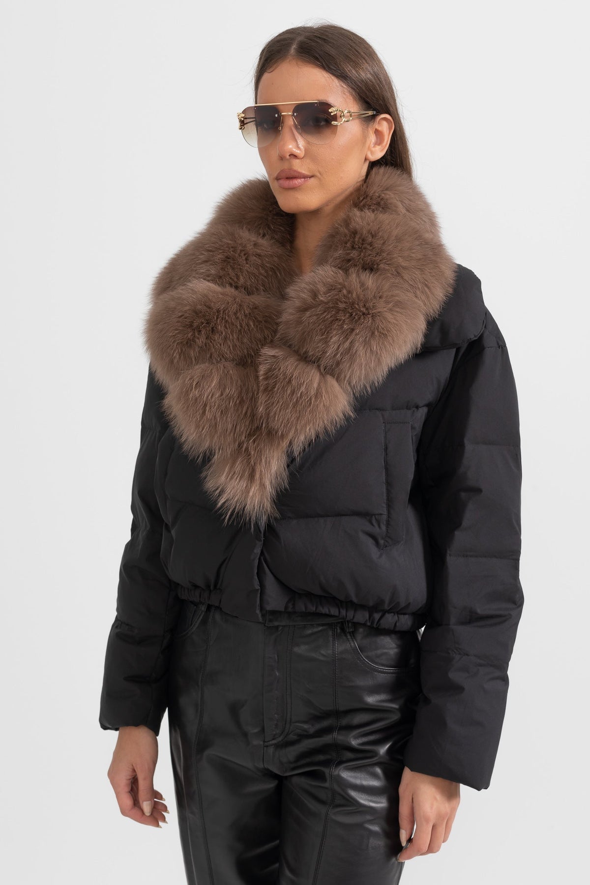 ATISSE – Women’s Black Puffer Jacket – Brown Fox Fur Hood – Luxury Down Winter Coat