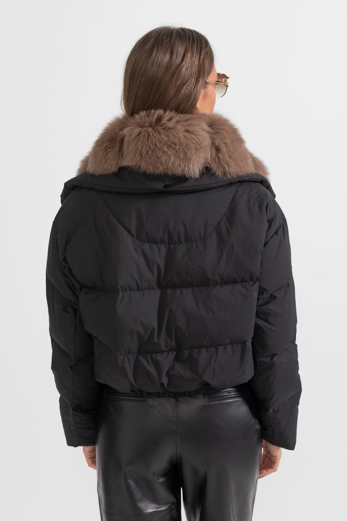 ATISSE – Women’s Black Puffer Jacket – Brown Fox Fur Hood – Luxury Down Winter Coat