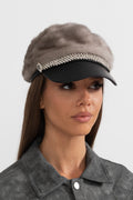 ATISSE – Women’s Gray Mink Fur Hat – Leather Visor & Silver Chain Winter Cap