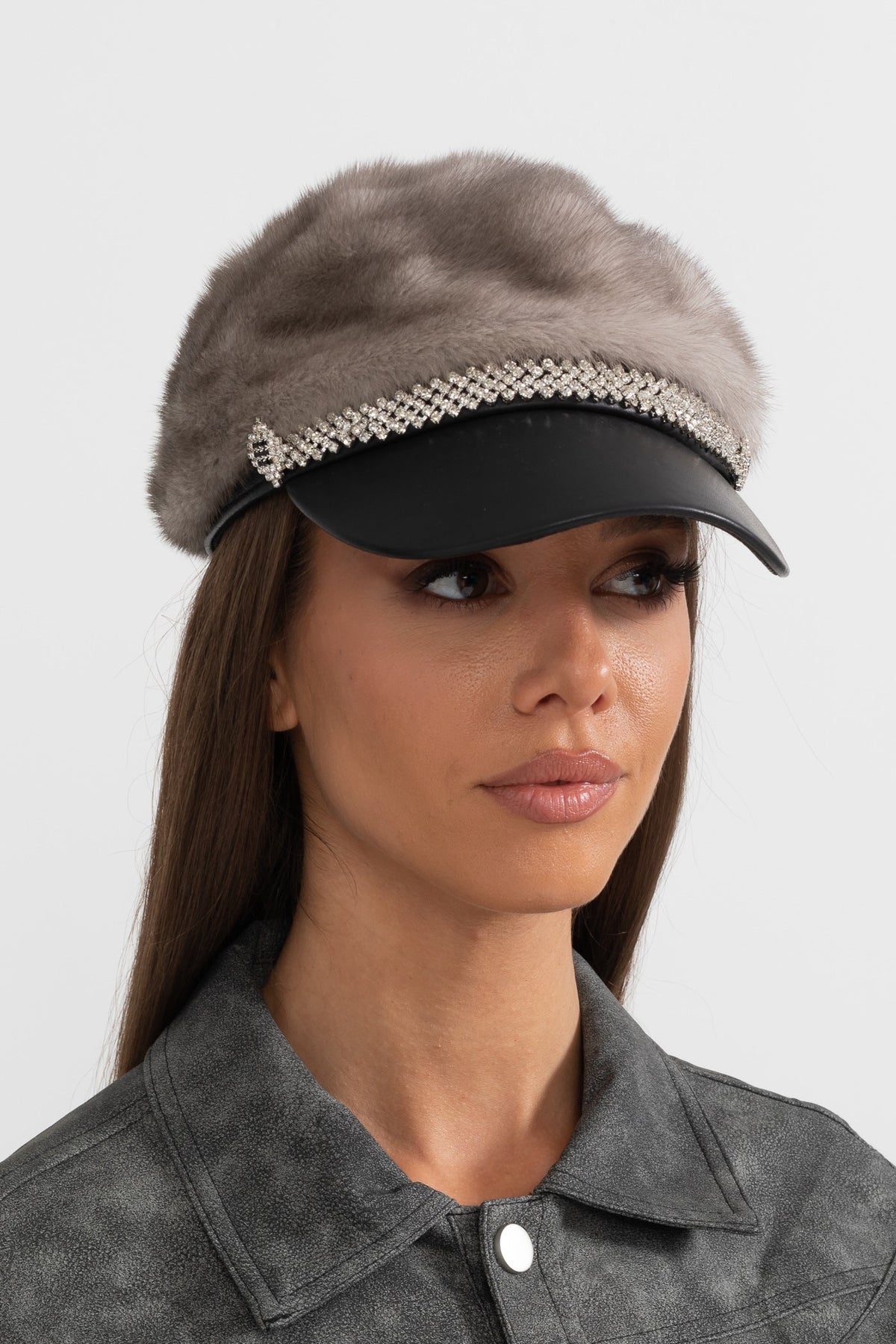 ATISSE – Women’s Gray Mink Fur Hat – Leather Visor & Silver Chain Winter Cap
