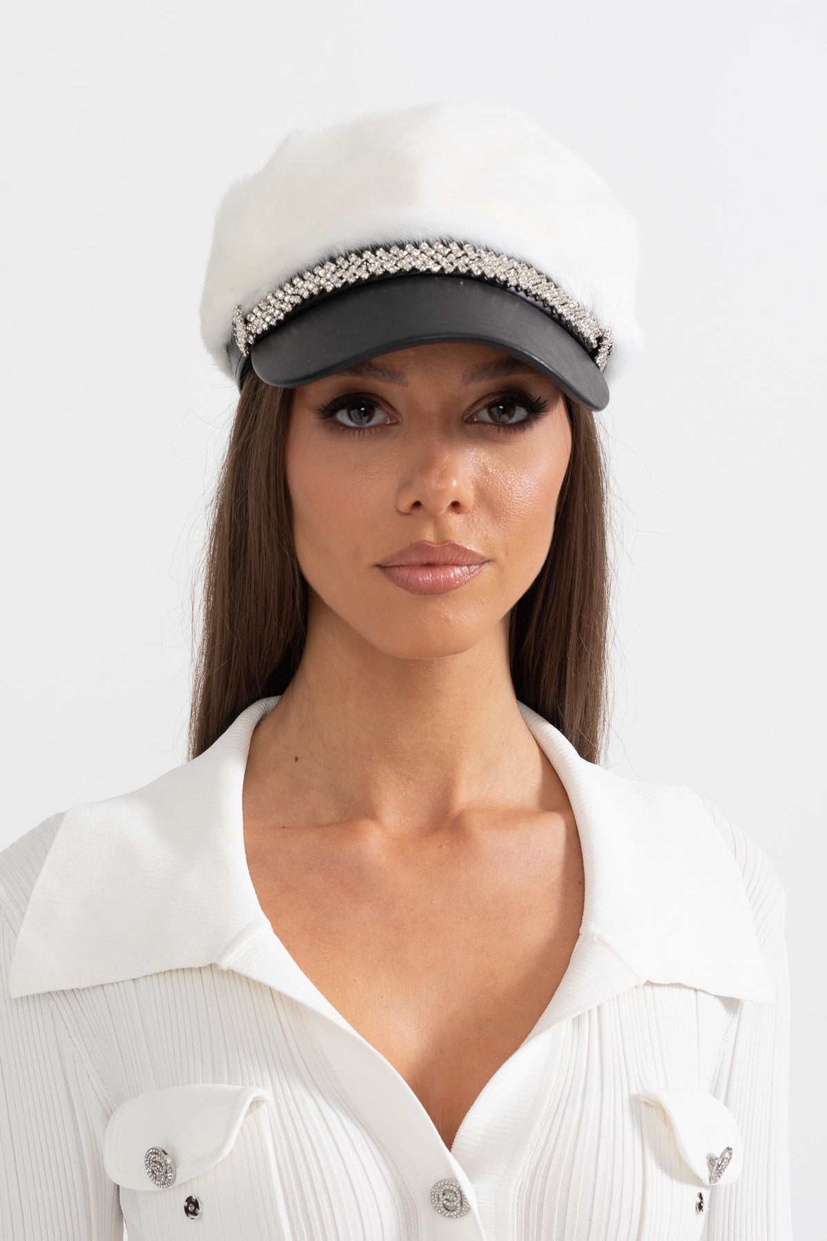 ATISSE – Women’s White Mink Fur Hat – Leather Visor & Silver Chain Winter Cap