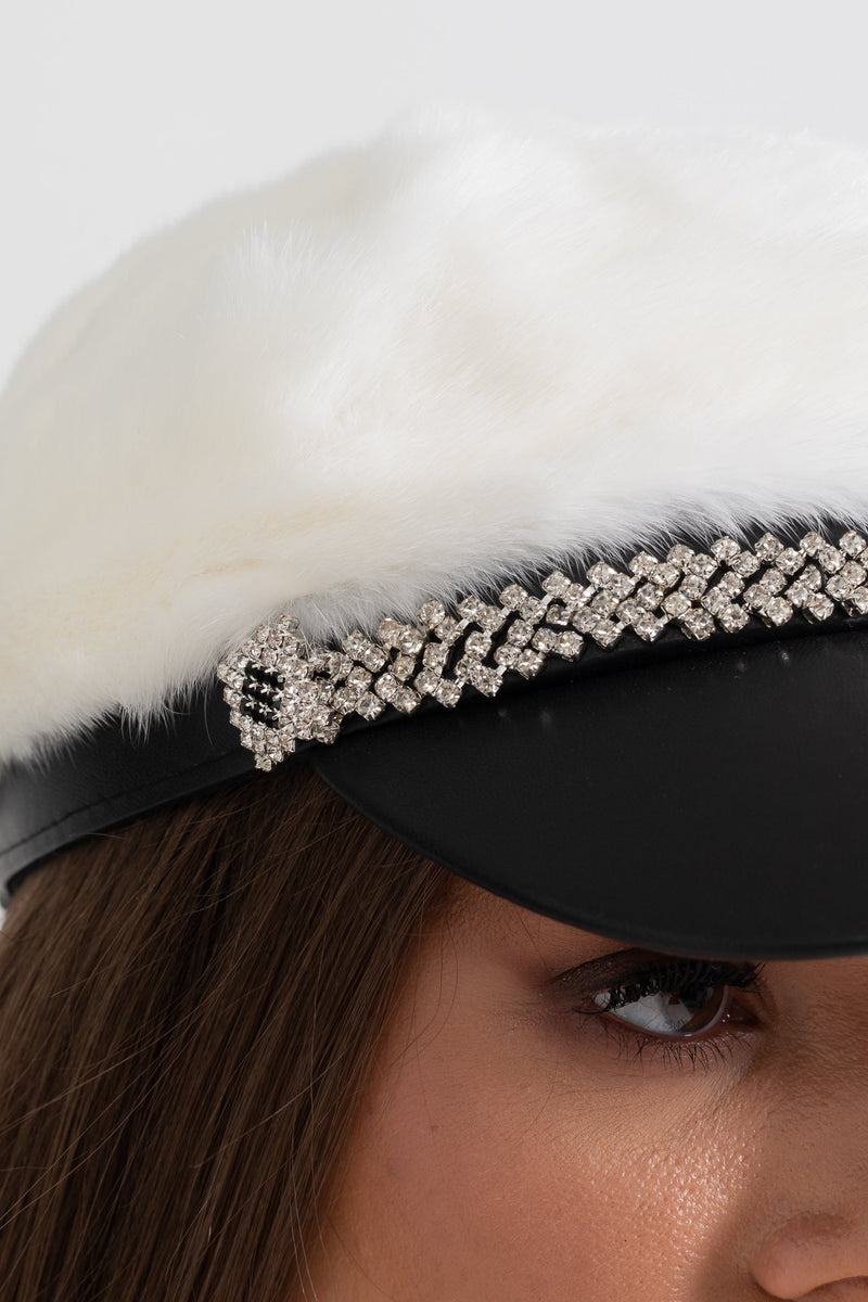 ATISSE – Women’s White Mink Fur Hat – Leather Visor & Silver Chain Winter Cap