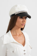 ATISSE – Women’s White Mink Fur Hat – Leather Visor & Silver Chain Winter Cap