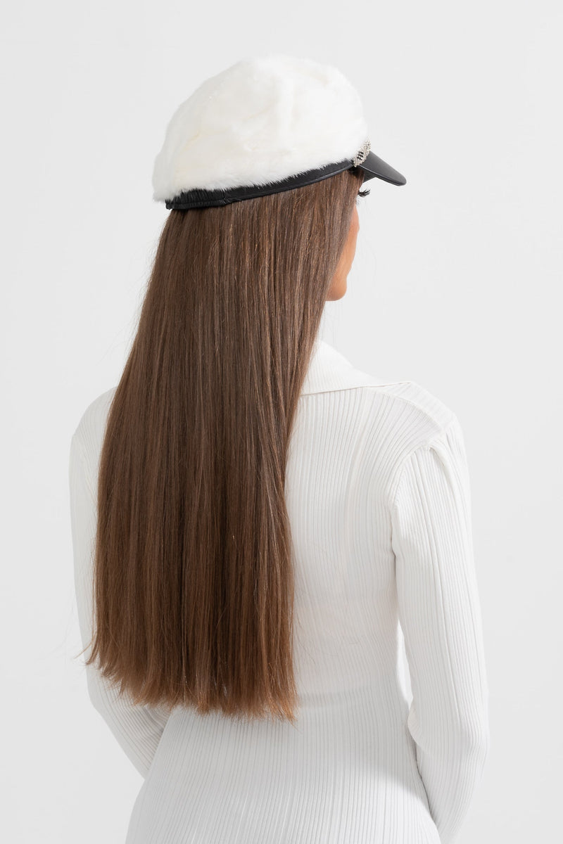 ATISSE – Women’s White Mink Fur Hat – Leather Visor & Silver Chain Winter Cap
